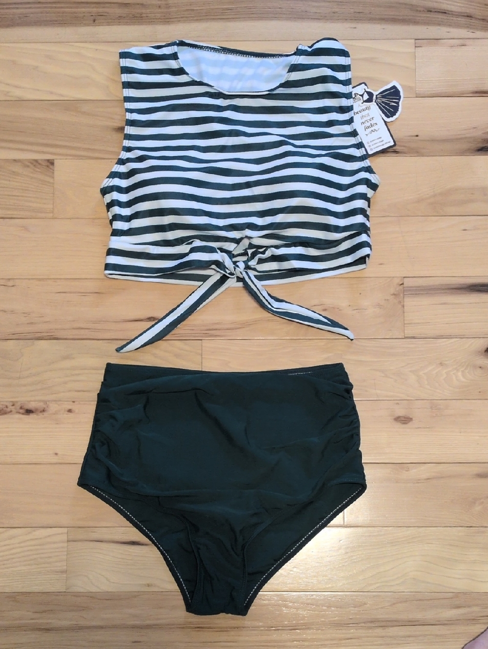 Striped Tie-Front Crop Swim Top with High-Waist Bottoms - Green & White